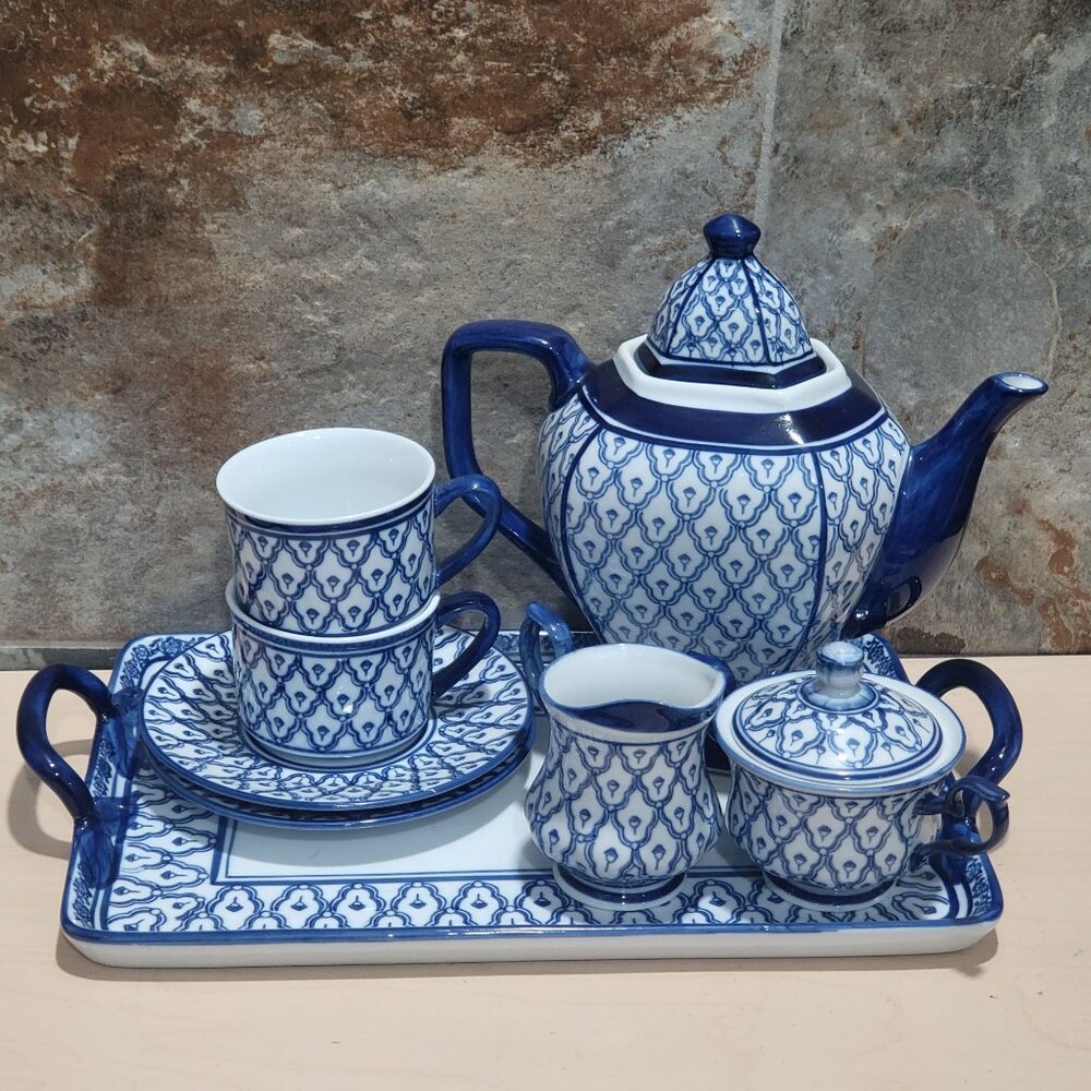 Vintage Pacific Rim Blue Teapot Set 10 Pcs